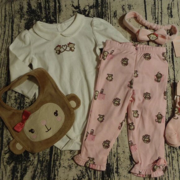 Gymboree Mischievous Monkey 6-12 Month Pants Bodysuit Bib Headband Socks Outfit - Picture 2 of 4